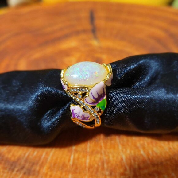 Jewelry - Enameled Gold Plated faux Diamonds Opal Ring, size 8